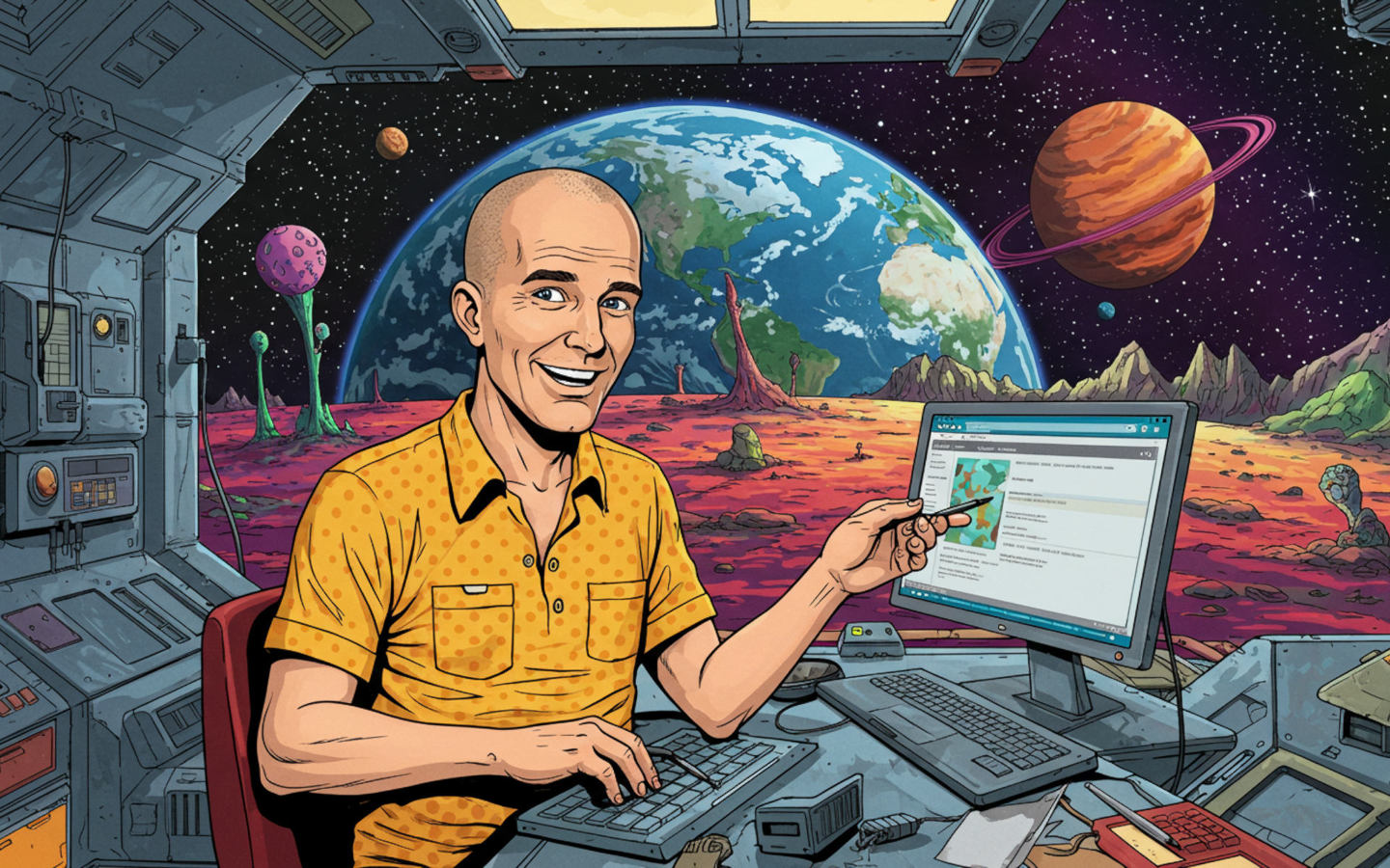 Cartoon illustration of Carlo on another planet, reflecting a sense of curiosity and exploration.