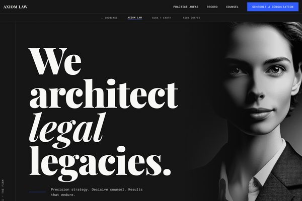 Editorial law firm website mockup with a monumental serif headline and black-and-white portrait on charcoal