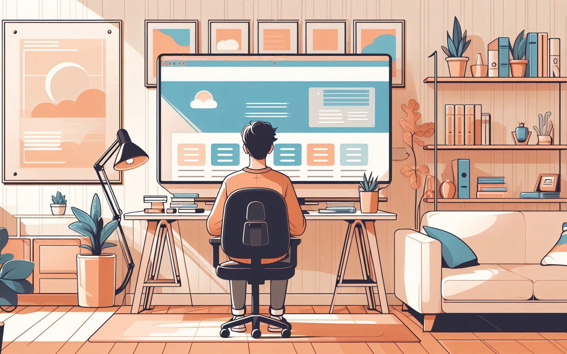 Illustration of a web developer building a professional website in a warm, cozy home office.
