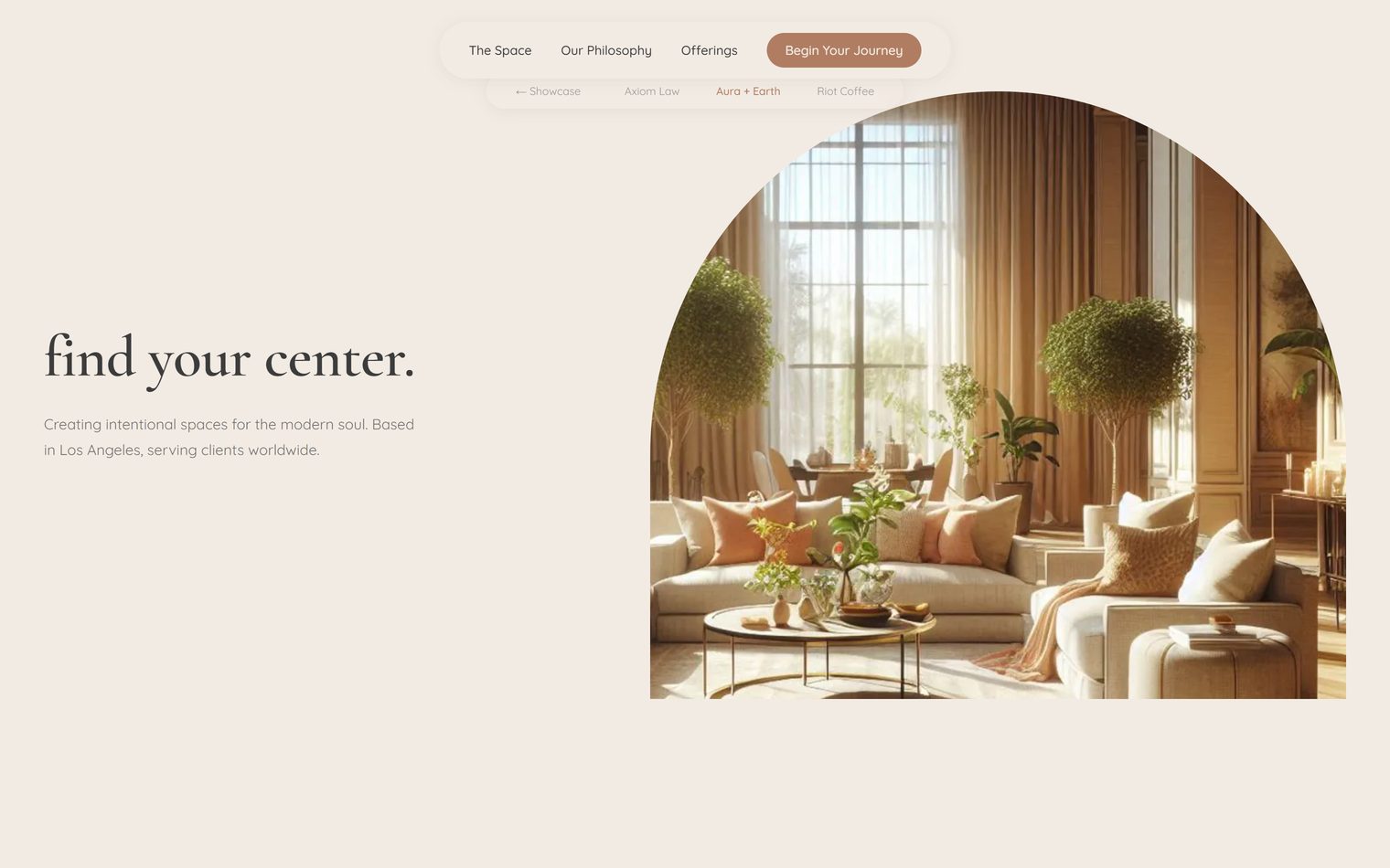 Interior design studio website with earth tones, organic shapes, and a bento-grid gallery with warmth and natural texture.