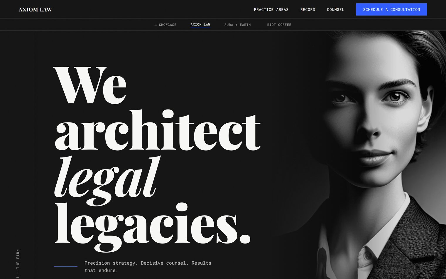 Editorial law firm website opening on a monumental serif headline in off-white on charcoal, beside a black-and-white portrait that runs off the right edge.