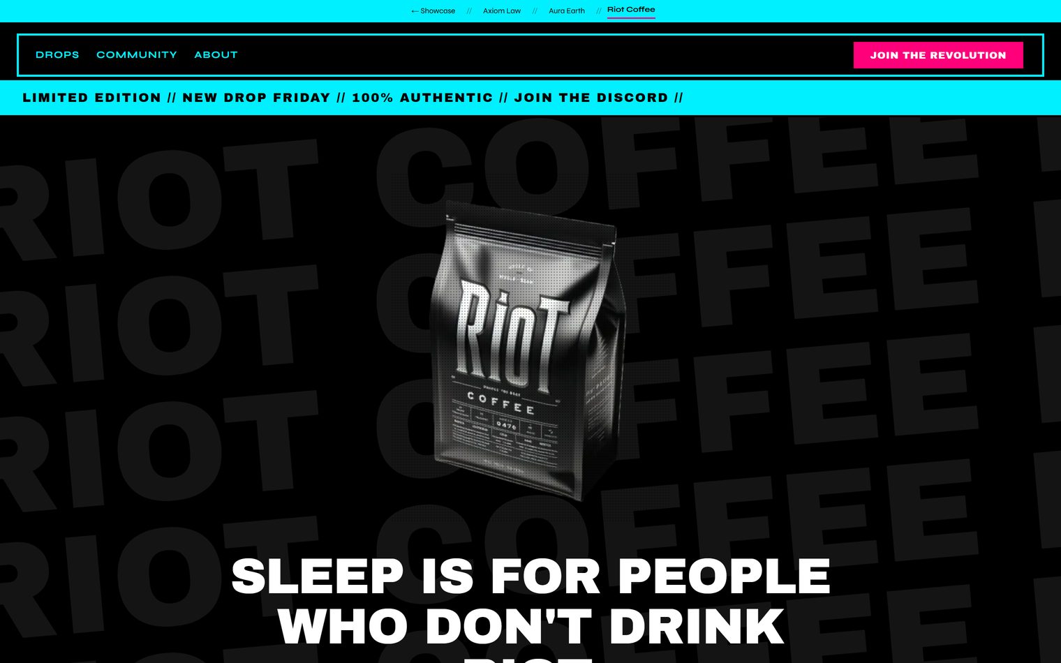 Neo-brutalist coffee brand website with neon green accents, hard shadows, and kinetic typography on a deep black canvas.