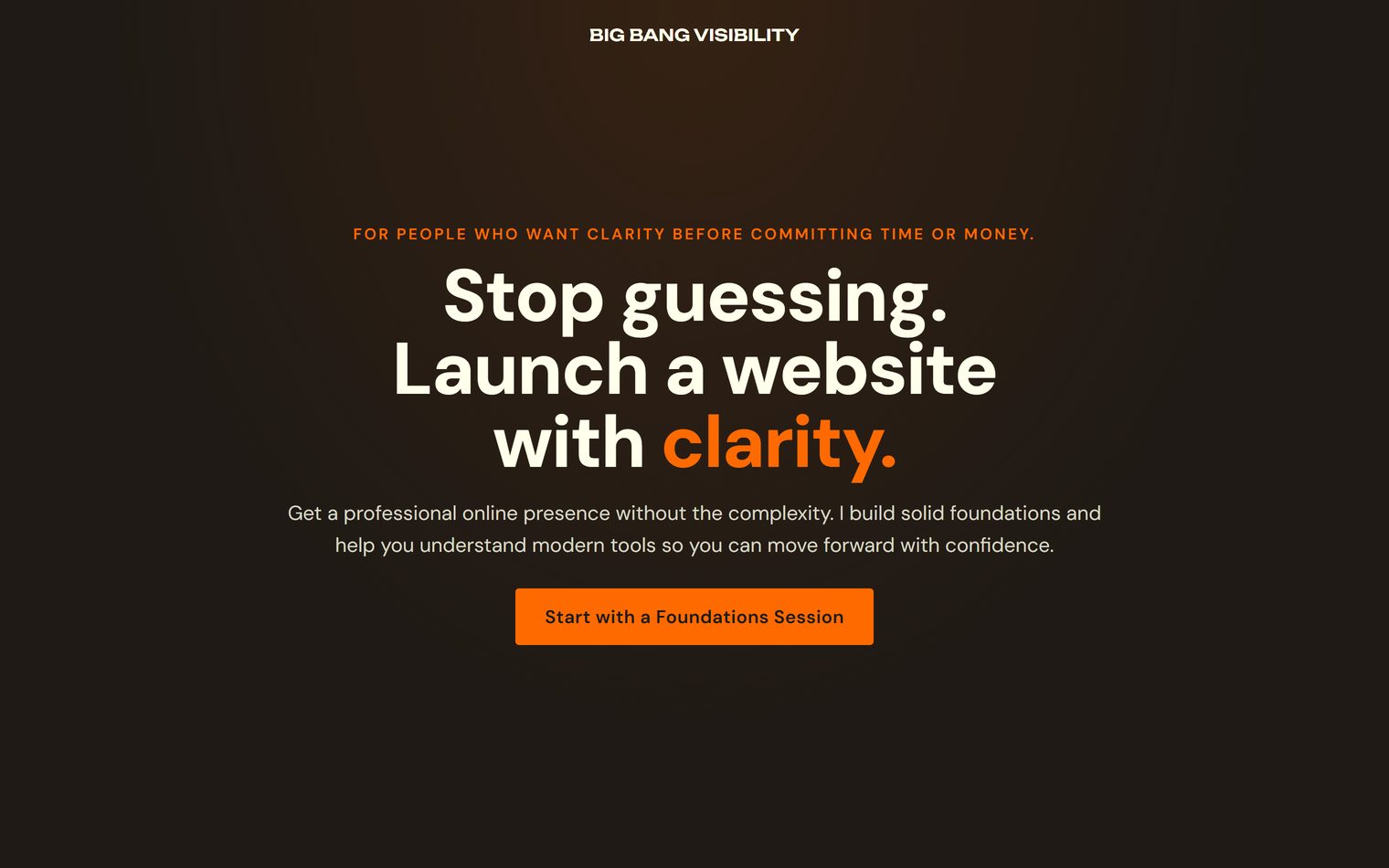 Big Bang Visibility services landing page with tiered pricing, plain-language copy, and a clarity-first single-column layout.