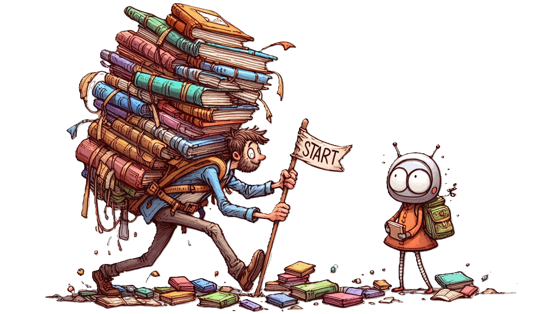 Whimsical illustration of an overwhelmed person tilting forward under a massive backpack overflowing with books, with a confused robot companion nearby and scattered books on the ground