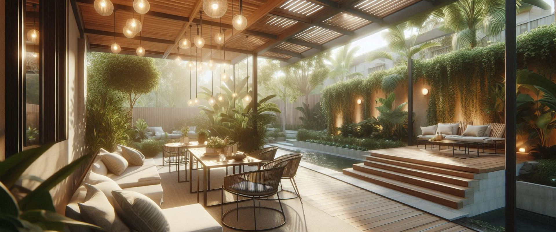 Sunlit outdoor terrace with terracotta tile flooring, a weathered oak dining table, and dried pampas grass in warm golden hour light