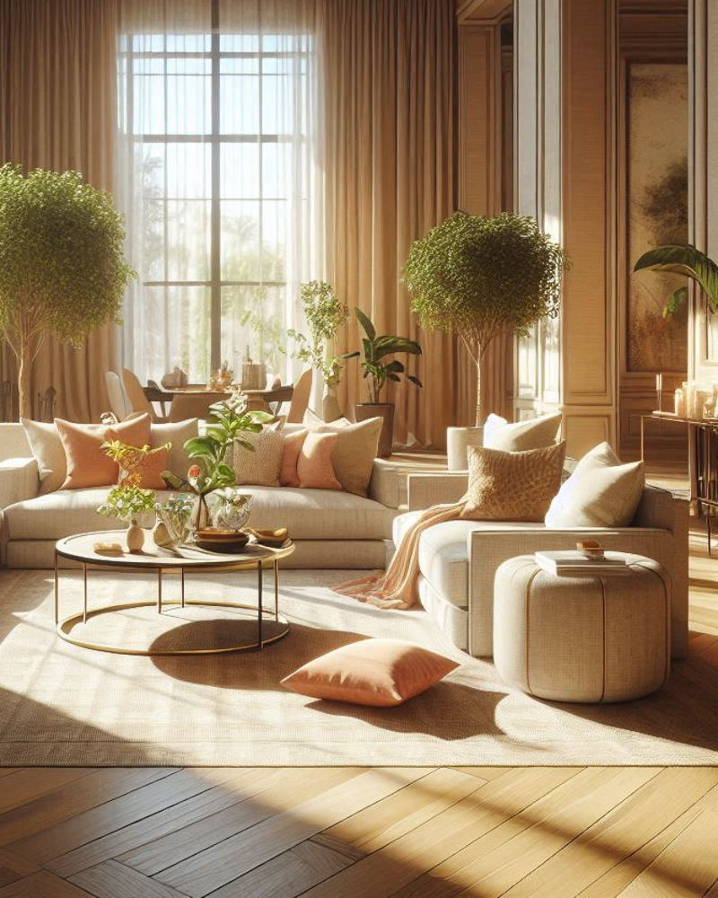 Warm sunlit living room interior with natural linen textures, aged wood accents, and soft morning light