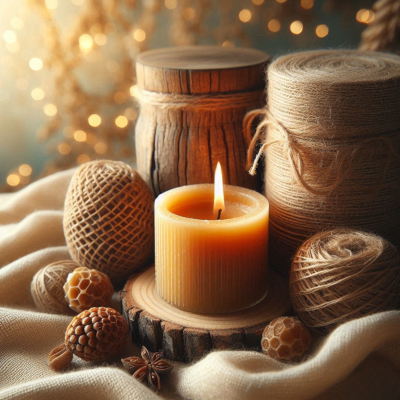 Close-up of natural linen fabric, aged wood grain, and a beeswax candle in warm afternoon light