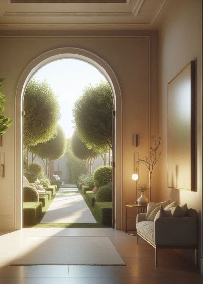 Arched hallway entryway with warm plaster walls, terracotta tile floor, and a rattan pendant light