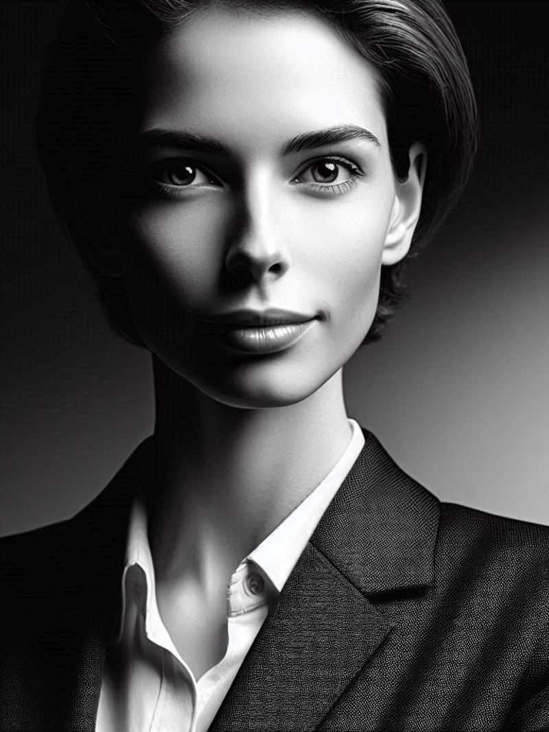 Editorial portrait of the managing partner in a tailored suit, conveying authority and precision