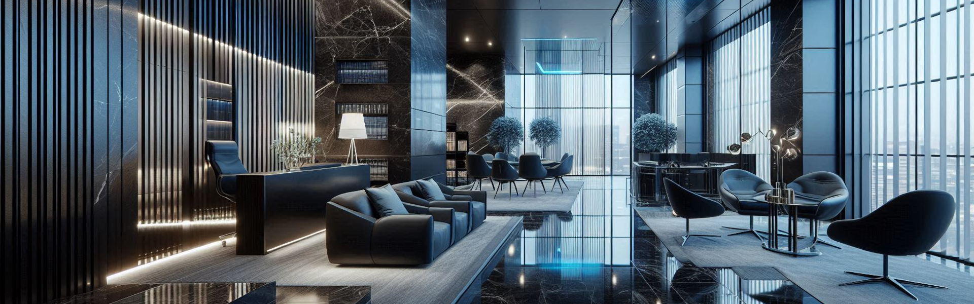 Expansive luxury law office interior with dark marble floors, a reception desk, leather seating areas, and floor-to-ceiling windows overlooking a city skyline