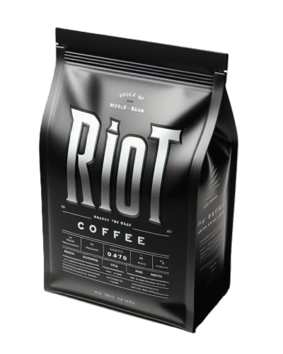 Matte black bag of Riot Coffee whole-bean coffee with bold sans-serif branding